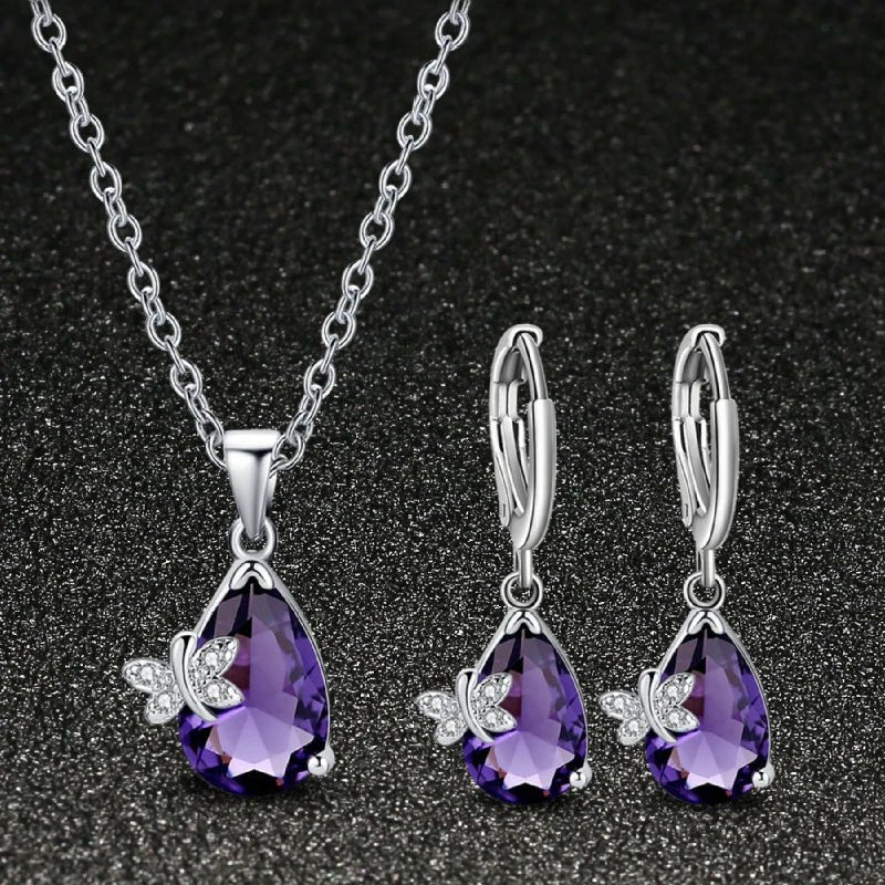 Charming Water Drop Set: 925 Silver Amethyst Earrings, Necklace, and Pendant - Gadget and Glam Shop