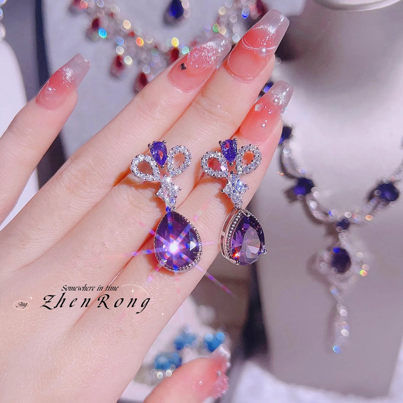 Chic Crowned Elegance: New Trend Water Drop Amethyst Wedding Earrings in Silver - Gadget and Glam Shop