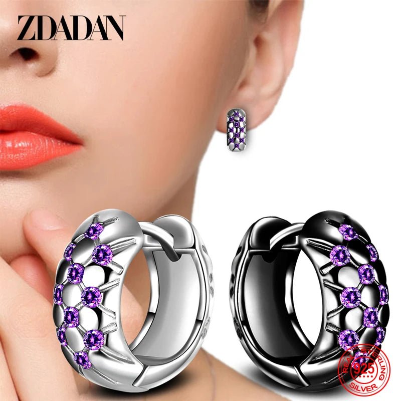Chic Contrast: 925 Sterling Silver Black Hoop Earrings with Amethyst for Women - Gadget and Glam Shop