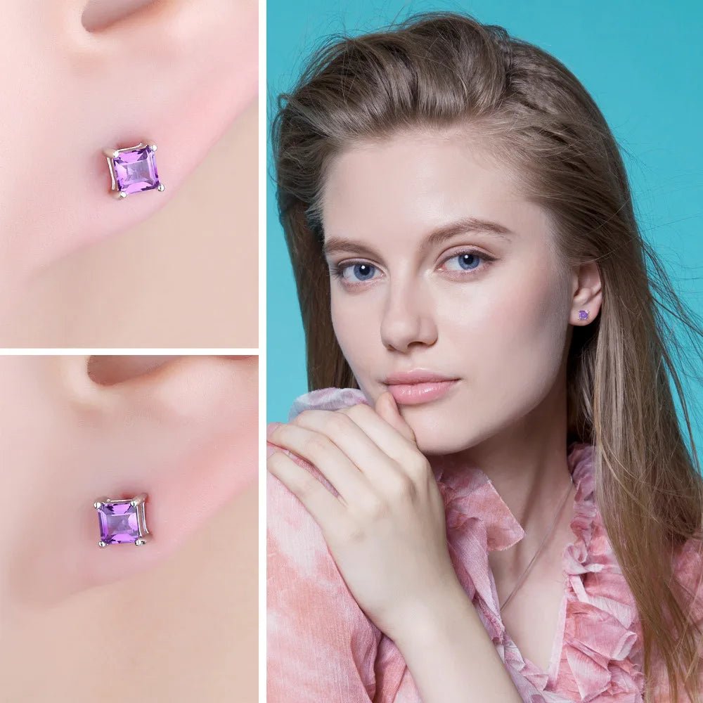 Chic Simplicity: Square Natural Amethyst Stud Earrings in 925 Sterling Silver - Gadget and Glam Shop