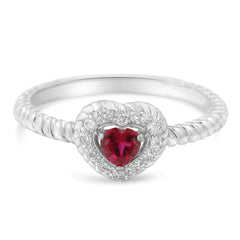 Sterling Silver Heart Ring with 4MM Lab-Created Ruby and Diamond Accents