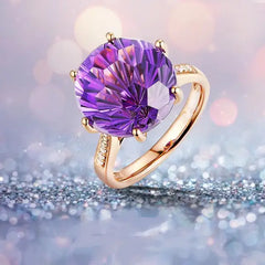 Glamorous Elegance: 18K Rose Gold Brazilian Natural Amethyst Ring with Six-Claw Diamond Style and Vibrant Gemstones