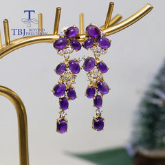 Chic Elegance: Gorgeous Designer Long Silver Earrings with Natural Amethyst Gems