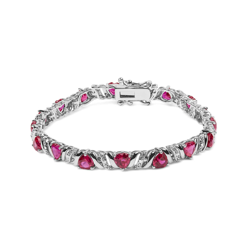 925 Sterling Silver Heart-Shaped Red Ruby and White Diamond Accent Link Bracelet