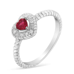 Sterling Silver Heart Ring with 4MM Lab-Created Ruby and Diamond Accents