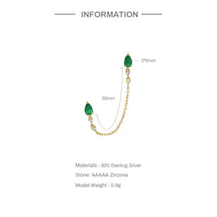 Aide 925 Sterling Silver Emerald Green Zircon Double Waterdrop Studs Chain Earring For Women Temperament Party Jewelry 1piece