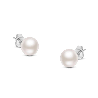 14K Gold Round White Saltwater Akoya Cultured Pearl Stud Earrings AAA+ Quality - Choice of Size