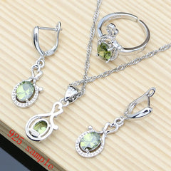 925 Sterling Silver Jewelry Set: Elegant Olive Green Topaz Earrings, Bracelet, and Necklace for Women