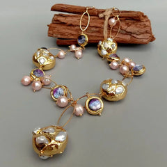 Y·YING White Keshi Pearl Y-Drop Necklace: Freshwater Cultured with Pink Pearl and Purple Murano Glass Chain