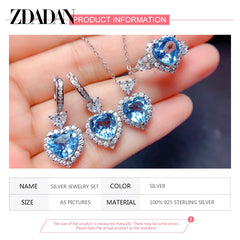 ZDADAN 925 Sterling Silver Heart Aquamarine Crystal Jewelry Set For Women Necklace Earrings Ring Fashion Wedding Party Gift