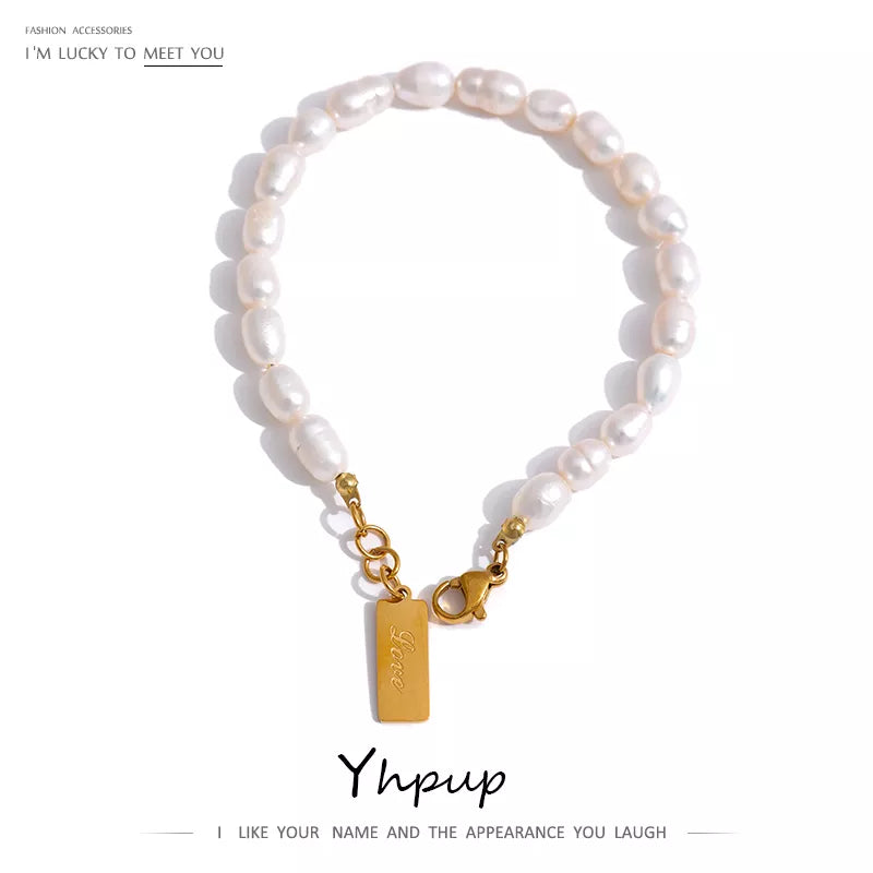 Yhpup Stainless Steel Natural Pearl Bracelet: Stylish LOVE Chain Bracelet for Women