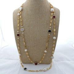 Y. Ying Long Necklace: Freshwater Keshi Pearl with Cubic Zirconia Pave, Gold Color Plated Chain