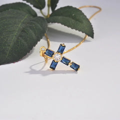 Real Solid 18k Yellow Gold Cross Pendant Necklace: Simple Design with Sapphire Pendant