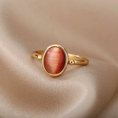 Gold Color Stainless Steel Red Opal Women's Ring