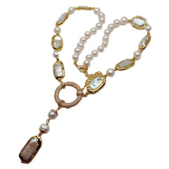 Y·YING White Biwa Pearl Y-Drop Necklace: Freshwater Cultured Rectangle and Round Pearls