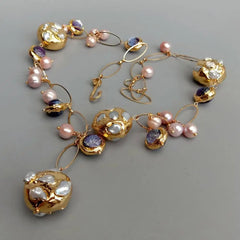 Y·YING White Keshi Pearl Y-Drop Necklace: Freshwater Cultured with Pink Pearl and Purple Murano Glass Chain