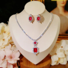 Radiant Charm: Fine Jewelry Set for Women with 925 Sterling Silver Rose Red Cubic Zirconia Necklaces, Pendants, and Stud Earrings