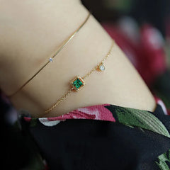 925 Sterling Silver Japanese Simple Emerald Crystal Chain Bracelet: Light Luxury Temperament, 14k Gold Plating for Women