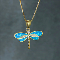 Fashion Gold Plated White Simulated Opal Dragonfly Pendant Necklace