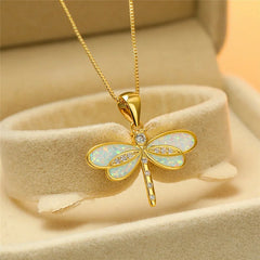 Fashion Gold Plated White Simulated Opal Dragonfly Pendant Necklace