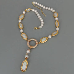 Y·YING White Biwa Pearl Y-Drop Necklace: Freshwater Cultured Rectangle and Round Pearls