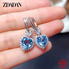 ZDADAN 925 Sterling Silver Heart Aquamarine Crystal Jewelry Set For Women Necklace Earrings Ring Fashion Wedding Party Gift