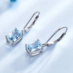 Chic Silver Color Sparkling Princess Cut Aquamarine Dangle Drop Leverback Earrings for Women Birthday Jewelry