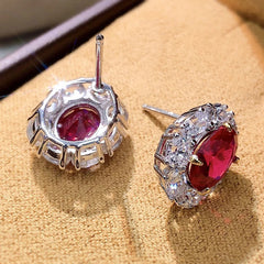 Luomansi Retro S925 Sterling Silver Earrings: Full Diamond with Natural Ruby Accents