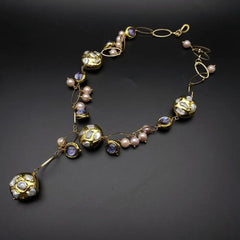 Y·YING White Keshi Pearl Y-Drop Necklace: Freshwater Cultured with Pink Pearl and Purple Murano Glass Chain