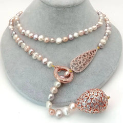 Multi-Color Potato Freshwater Pearl Necklace: Rose Gold-Plated Connector Sweater Chain