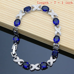 925 Silver Bride Jewelry Set for Women: Blue Sapphire Earrings, Bracelet, Resizable Ring, Necklace