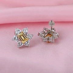 925 Sterling Silver Topaz Stud Earrings: Sparkling Flower Design with High Carbon Diamond Accent for Women