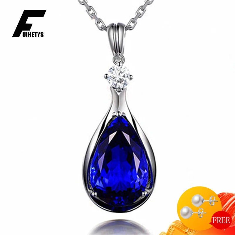 Luxury Water Drop Shape Sapphire Zircon Gemstone Pendant Necklace: 925 Silver Jewelry for Women