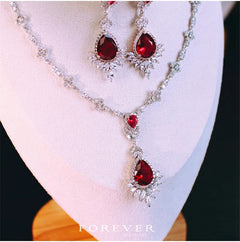 CC Elegance: High-Quality Necklace and Earrings Set with Red Stone for Women's Jewelry