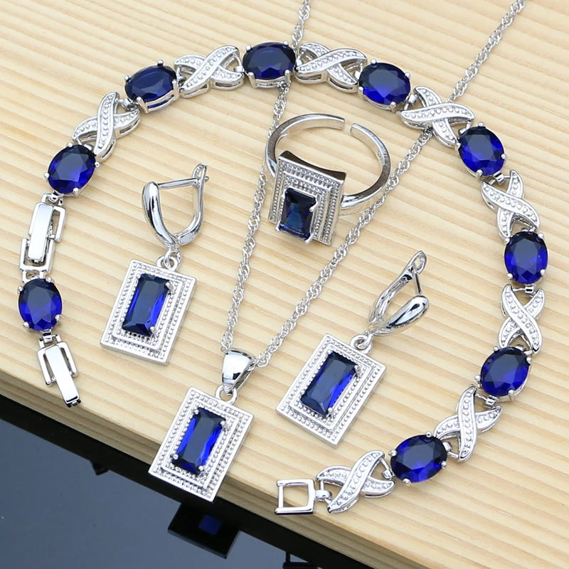 925 Silver Bride Jewelry Set for Women: Blue Sapphire Earrings, Bracelet, Resizable Ring, Necklace