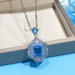 New Design Simulated Aquamarine Stone Blue Crystal Luxury Princess Square Zircon Pendant Necklace For Women Party Gift