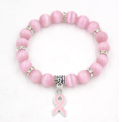 Breast Cancer Awareness Jewelry: White Pink Opal Beaded Bracelet with Pink Ribbon Charm Bracelets