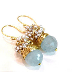 Stunning Aquamarine Earrings with Large Faceted Gemstones and Silver Pearls