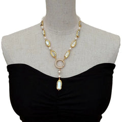 Y·YING White Biwa Pearl Y-Drop Necklace: Freshwater Cultured Rectangle and Round Pearls