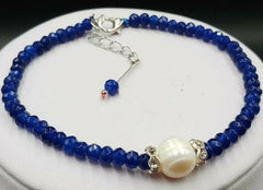 Natural Blue Faceted Sapphire and White Sea Pearl Bracelet