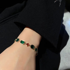 2024 Korean Fashion Emerald Gem Stone Bracelet: Elevate Your Style with Luxury Green Crystal Zircon Accentuated by Gold Chain Cuff