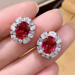 Luomansi Retro S925 Sterling Silver Earrings: Full Diamond with Natural Ruby Accents