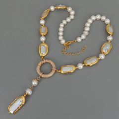 Y·YING White Biwa Pearl Y-Drop Necklace: Freshwater Cultured Rectangle and Round Pearls