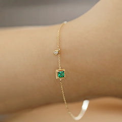 925 Sterling Silver Japanese Simple Emerald Crystal Chain Bracelet: Light Luxury Temperament, 14k Gold Plating for Women