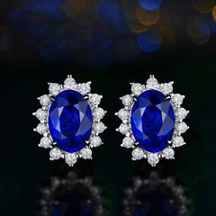 YANHUI Allergy-Free Tibetan Silver Earrings: Blue Oval Shape Lab Sapphire Studs for Women