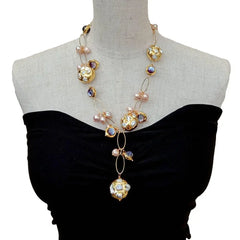 Y·YING White Keshi Pearl Y-Drop Necklace: Freshwater Cultured with Pink Pearl and Purple Murano Glass Chain