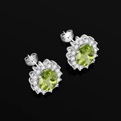 SDOOU Green Peridot Snowflower Carved Gemstone 925 Silver Stud Earrings for Women