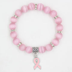 Breast Cancer Awareness Jewelry: White Pink Opal Beaded Bracelet with Pink Ribbon Charm Bracelets