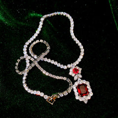 Radiant Charm: Fine Jewelry Set for Women with 925 Sterling Silver Rose Red Cubic Zirconia Necklaces, Pendants, and Stud Earrings