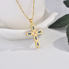 Real Solid 18k Yellow Gold Cross Pendant Necklace: Simple Design with Sapphire Pendant